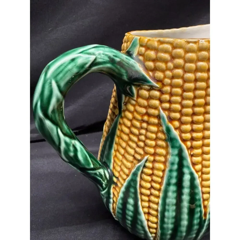 Vintage corn & husk pitcher ceramic majolica style portugal 8 inch yellow green
